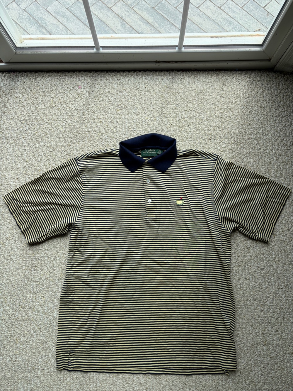 Amen Corner Masters Golf Polo. Navy Blue yellow striped. Size Medium. 100% Pima.
